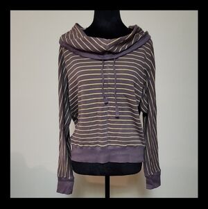 Purple Striped Cowl Neck Cotton Top M Adjustable Drawstring Neck Knit